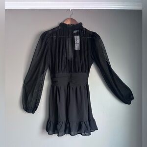 Privy Black Sheer-Sleeve Ruffle Hem Mini Dress Size Small